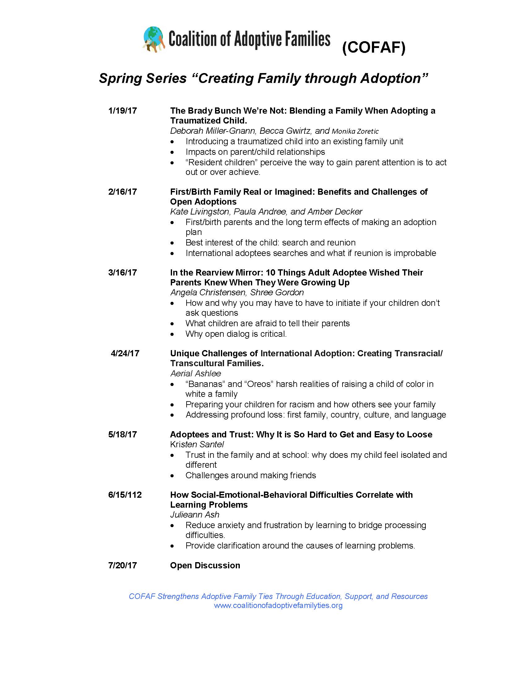 COFAF Winter/Spring Discussion Group Series