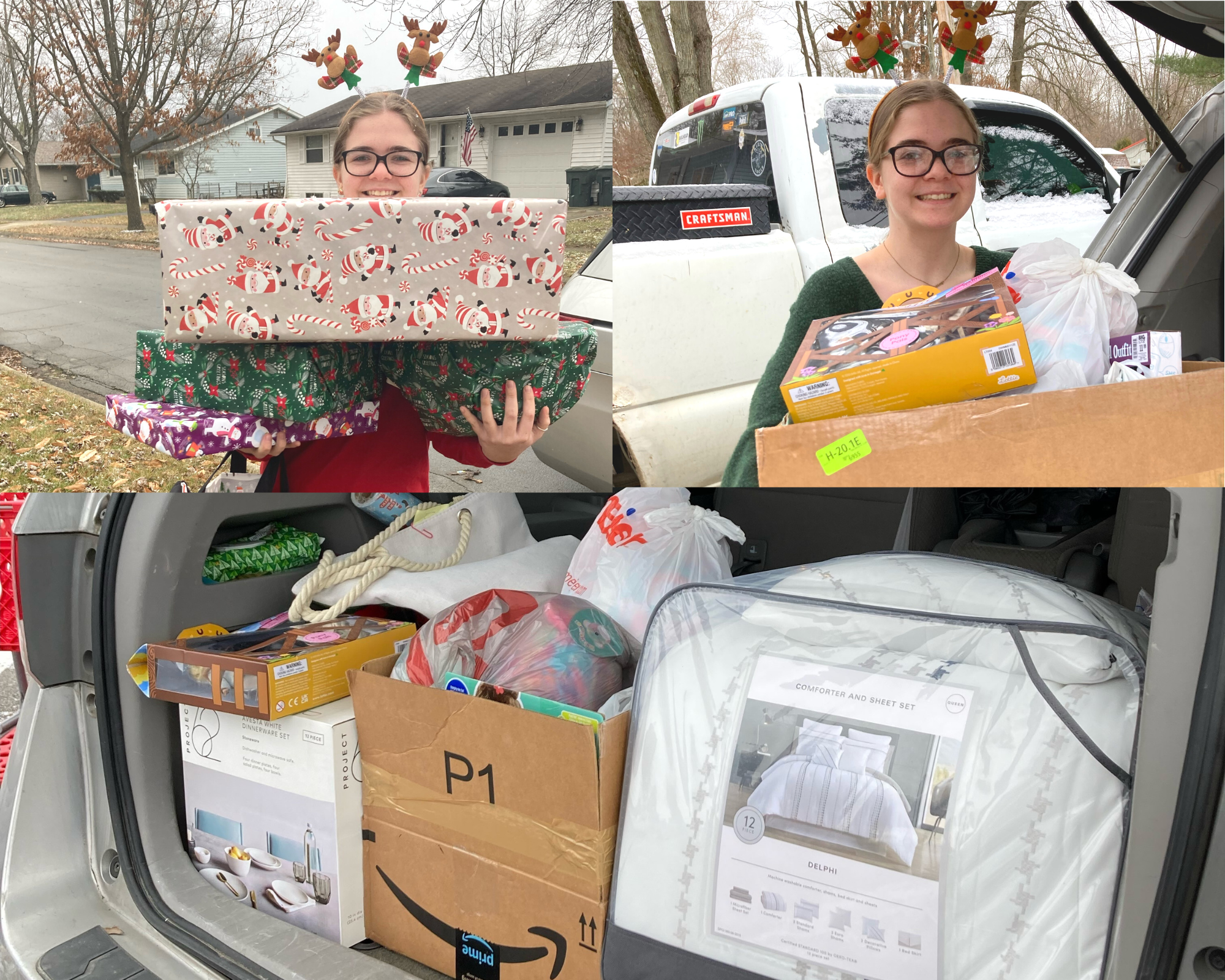 Collage of Adoption Circle girl delivering gifts during the holiday season